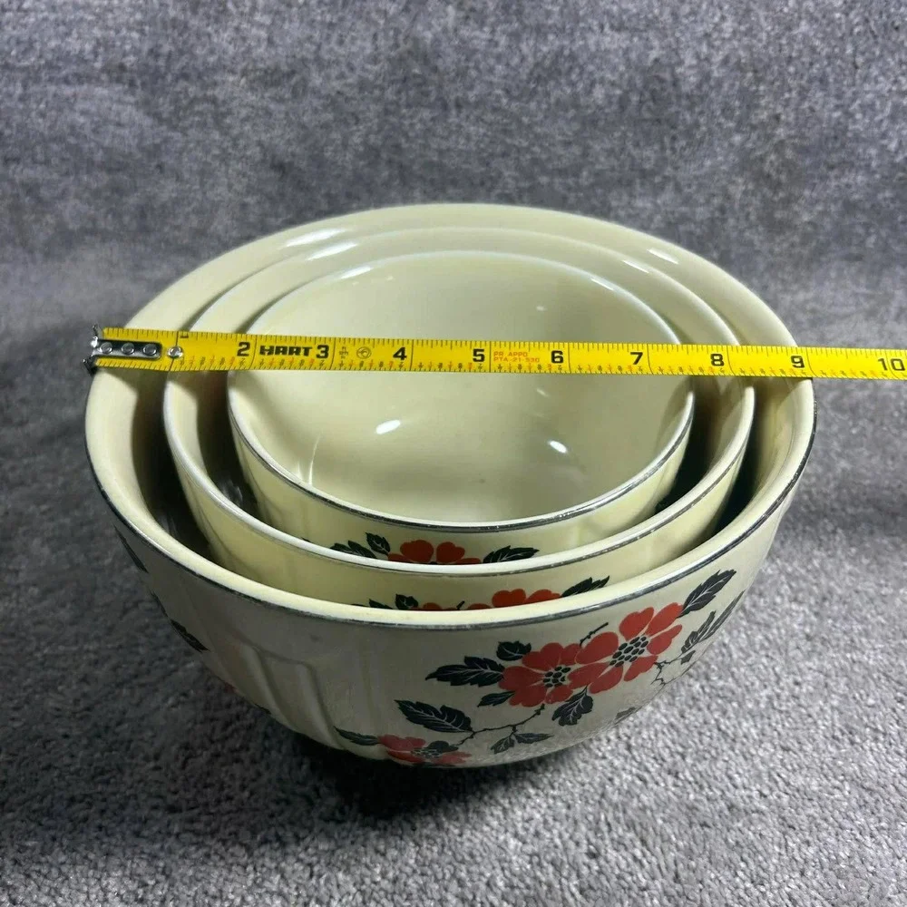 Hall China Mixing Bowls Ivory Red Wild Poppy‎ Floral Nesting Set of 3 Vintage
